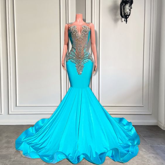 Blue Prom Dresses, Sheer Crew Prom Dresses, Mermaid Evening Dresses, 2024 Prom Dresses, Satin Prom Dresses, Crystal Evening Dresses, Pearls Prom