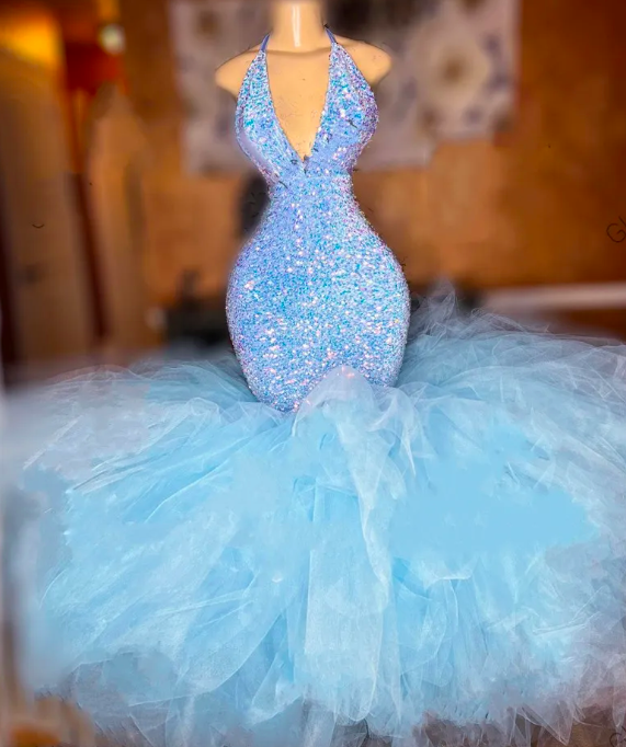 Customized(can Not Refund) Sky Blue Halter Long Prom Formal Dress For Black Girls 2023 Sparkly Sequined Birthday Party Ruffles Evening Gowns Robe