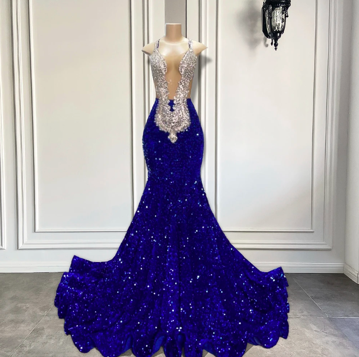 Long Sparkly Prom Dresses 2023 Sheer Sexy See Through Luxury Beaded Rhinestones Royal Blue Black Girl Prom Gala Formal Gowns