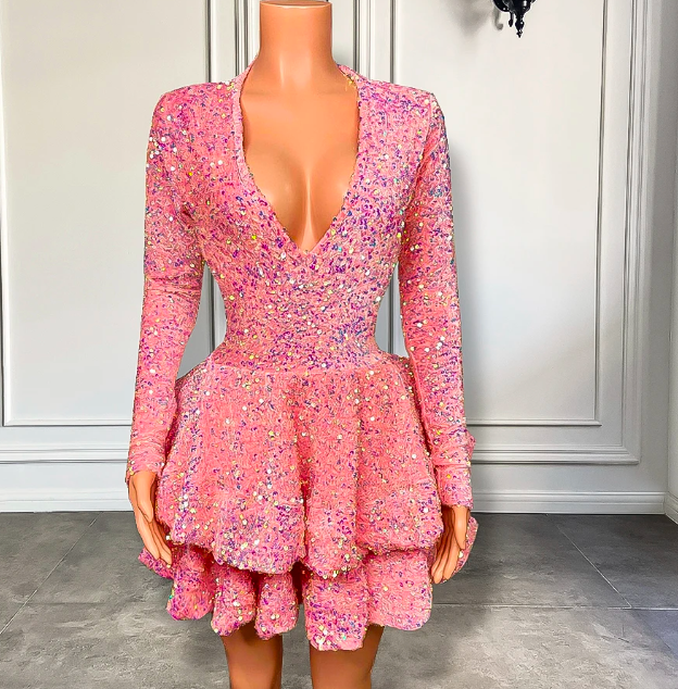 Customized(can Not Refund) Simple Long Sleeve V-neck A-line Sparkly Pink  Velvet Sequined Black Girls on Luulla