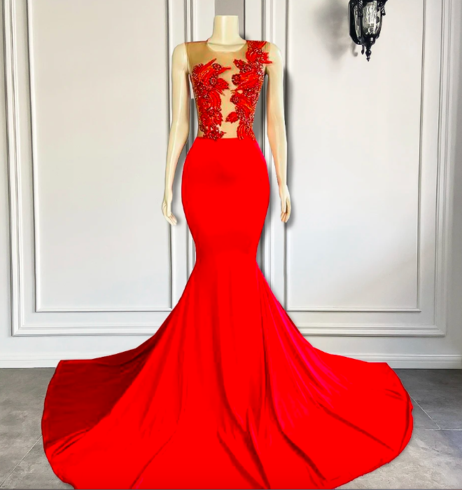 Long Elegant Prom Dresses 2023 Sexy Mermaid Sheer Beaded Embroidery Red Spandex Black Girls Short Prom Gowns