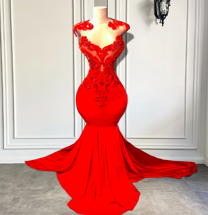 Long Elegant Prom Dresses 2023 Sexy Mermaid Style Sparkly Beaded Embroidery Red Spandex Black Girls Prom Gala Party Gowns