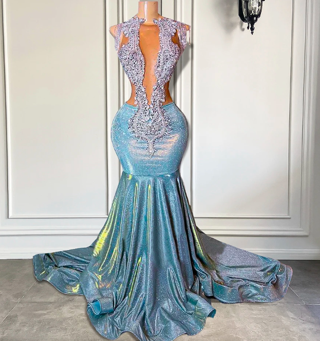 Long Sparkly Prom Dresses 2023 Sexy Mermaid Style Luxury Beaded Crystals Light Blue Black Girl Prom Gala Gowns