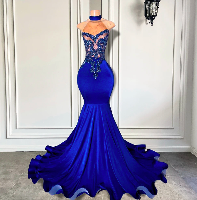 Long Prom Dresses 2023 Elegant High Neck Luxury Beaded Embroidery Royal Blue Spandex Black Girl Mermaid Prom Gala Gowns