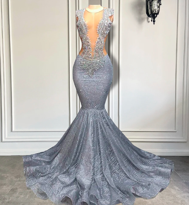 Long Glitter Prom Dresses 2023 Mermaid Style Sexy Sheer Top Luxury Sparkly Beaded Silver Black Girl Formal Prom Gala Gowns