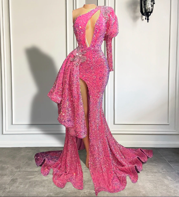 Pink Mermaid Long Prom Dresses 2023 For Black Girl Luxury Beaded V