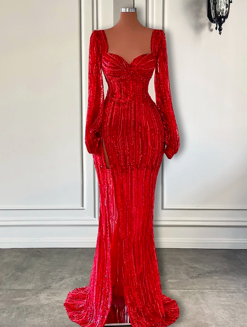 Long Sleeve Evening Dresses 2023 Elegant High Slit Sweetheart Dubai Women Red Sequin Formal Evening Gowns