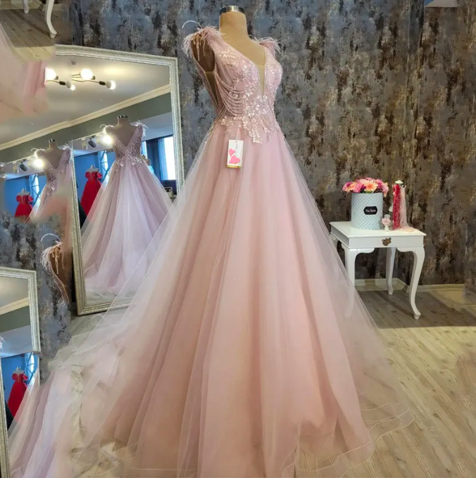 Luxury Dubai Pink Evening Dresses Sexy V-neck Sleeves 2023 Elegant Beaded Tull Arabic Long Formal Dress For Women Party Prom Dress