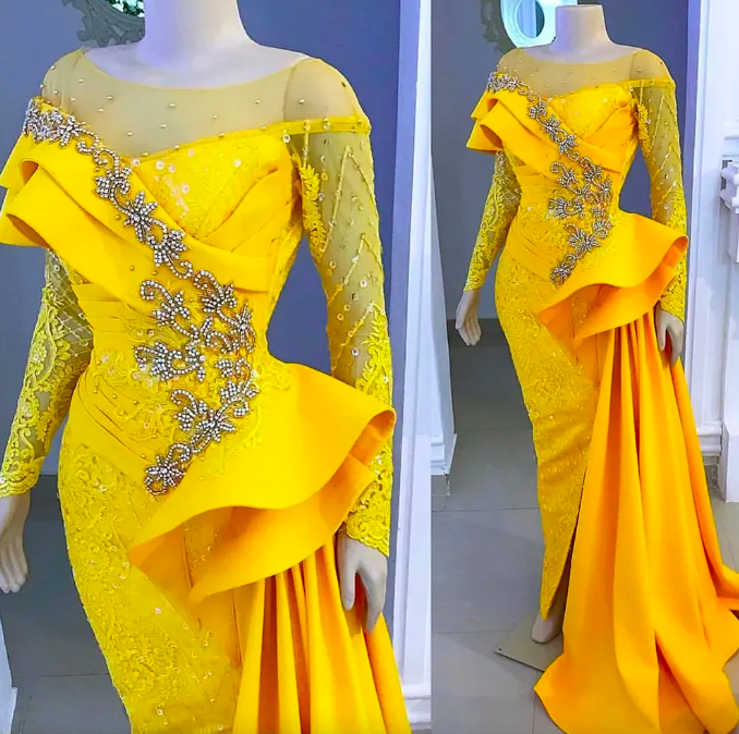 Aso Ebi 2023 Yellow Evening Dresses Lace Beaded Crystals Sheath Prom Dresses Long Sleeves Formal Party Bridesmaid Pageant Gowns