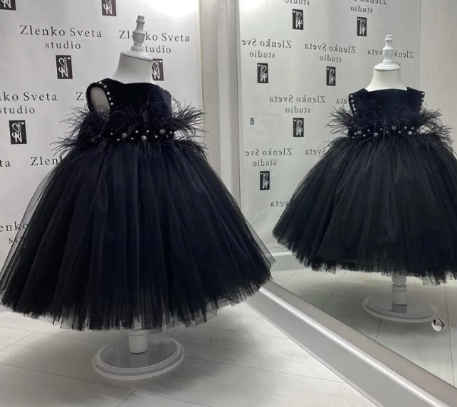 Girl's Dresses Black Tulle Puffy Flower Girl Dress Princess Wedding Party Feather Sleeve Child Birthday Pageant Christmas