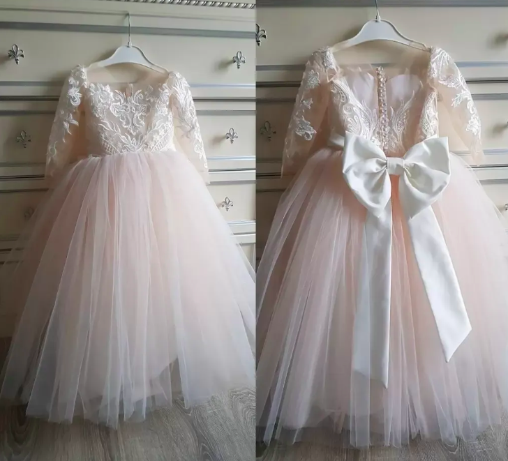 Lace Tulle Flower Girls Dresses Long Sleeves For Child Wedding Party Bridesmaid Maxi Ball Gown Communion Evening