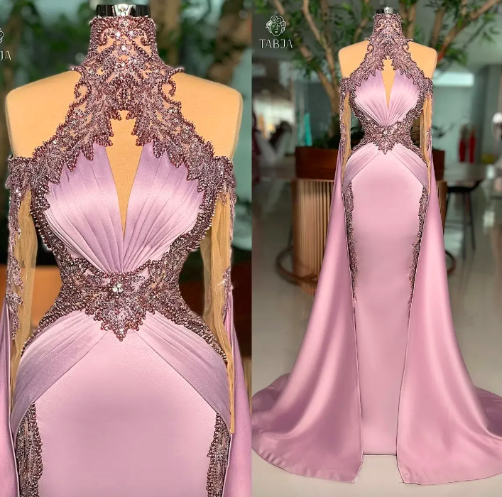 2023 Mermaid Prom Dresses Crystals Beaded Long Sleeves Overskirt Satin Custom Made Ruched Evening Party Gowns Vestidos Plus Size