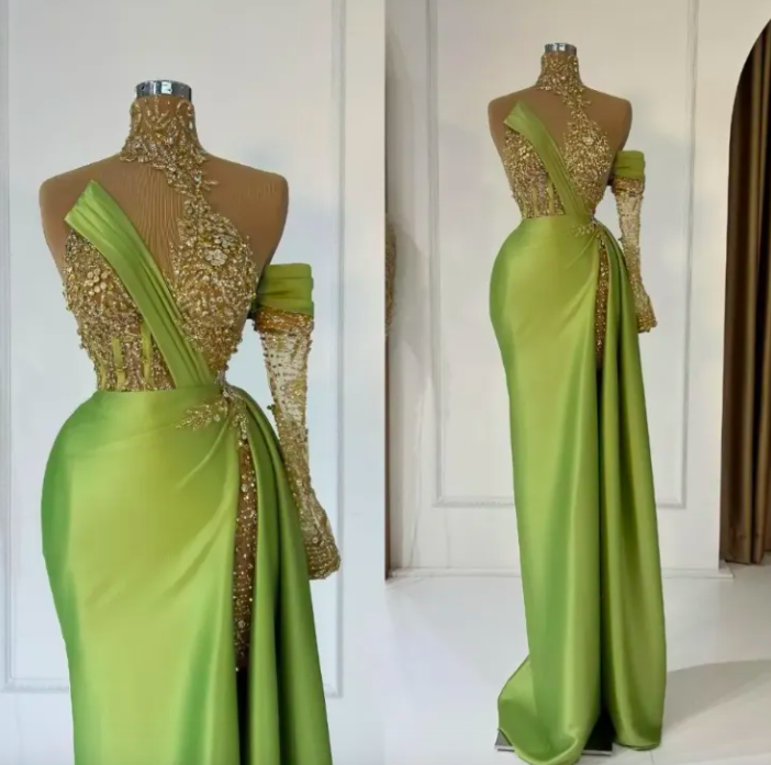 Arabic Mermaid Split Prom Dresses Mint Green Beaded Sequined High Neck Evening Formal Party Second Reception Gowns