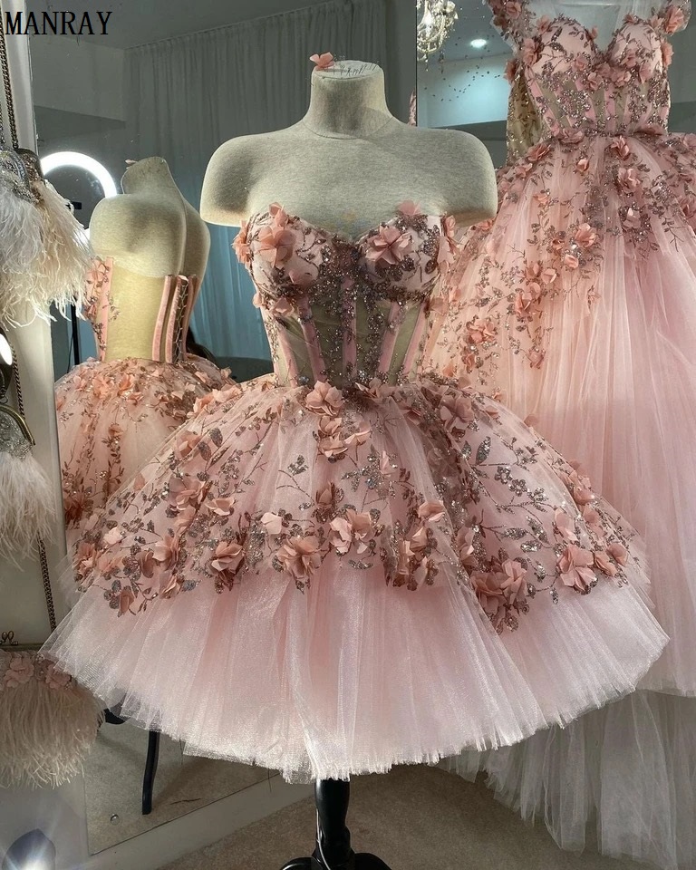Fluffy Baby Pink Tulle Strapless Quinceanera Dresses Ball Gown 2023 Evening Dress Prom Dresses 3d Floral Pattern Custom