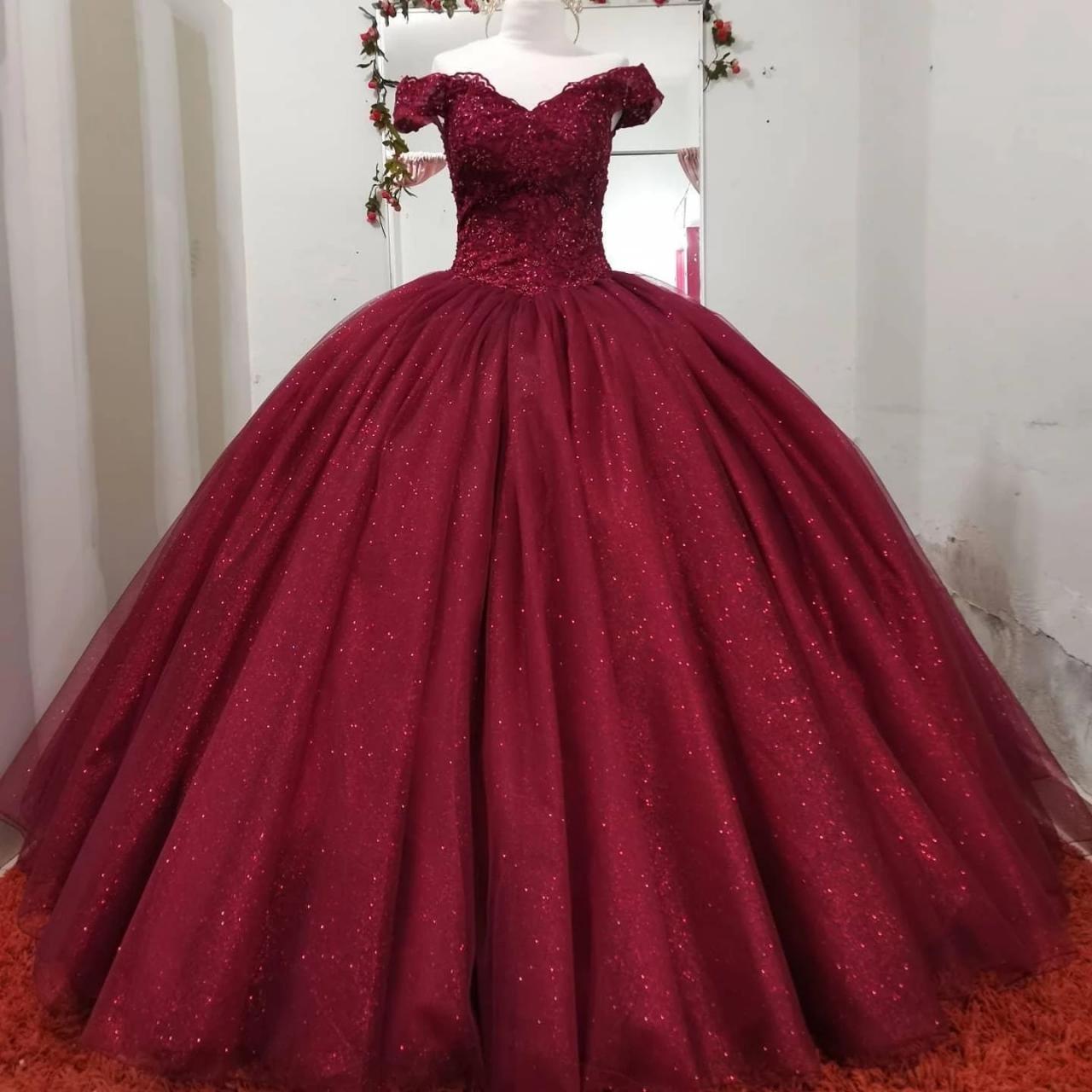 Sparkly Burgundy Quinceanera Dresses Fashion Appliques Tulle Formal Princess 15 Party Birthday Gowns Robe De Bal