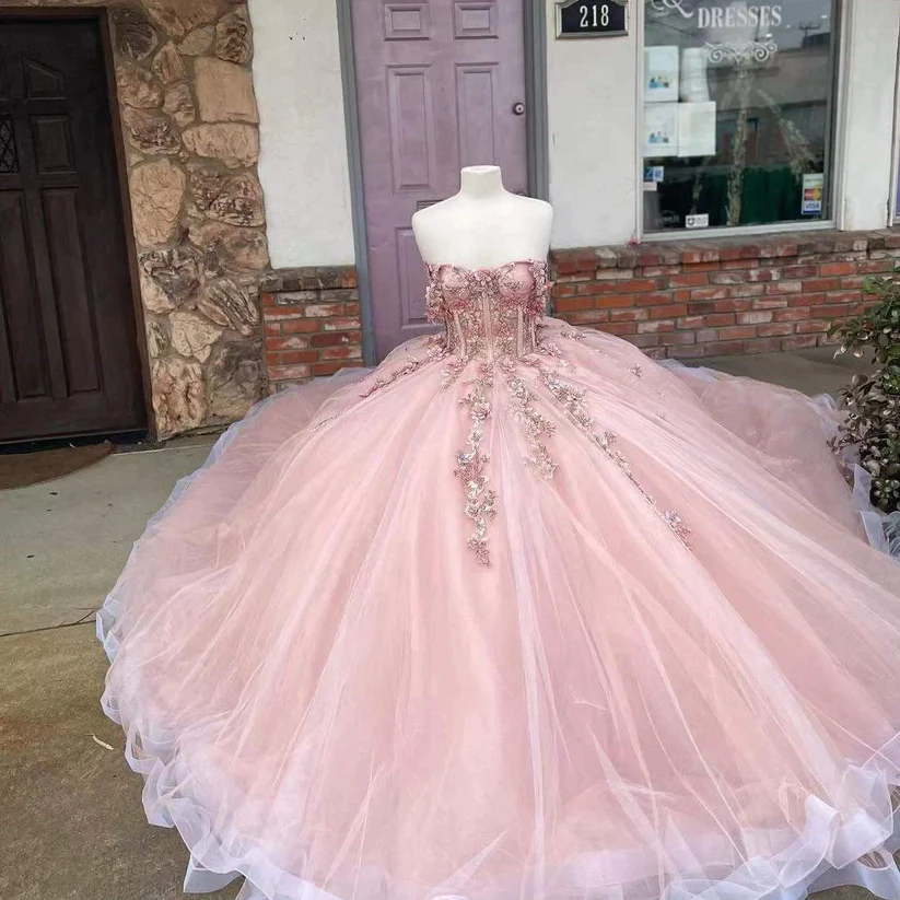 Coral 2023 Quinceanera Dresses 3d Floral Off The Shoulder Exposed Boning Girls Birthday Party Prom Gowns Princess 15 16