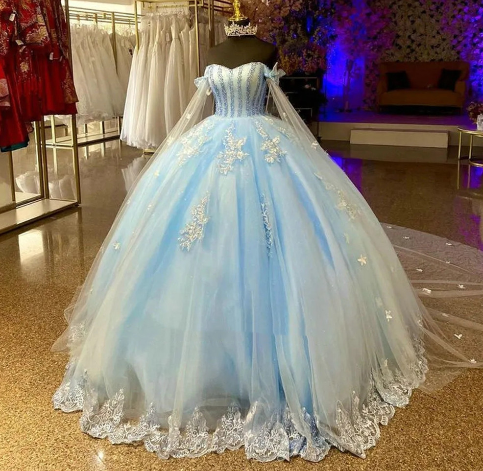 Sky Blue Sweet Princess Quinceanera Dresses Pearls Lace Cape Girl Formal Birthday Prom Gowns Vestidos De 15 Quinceañera 2023