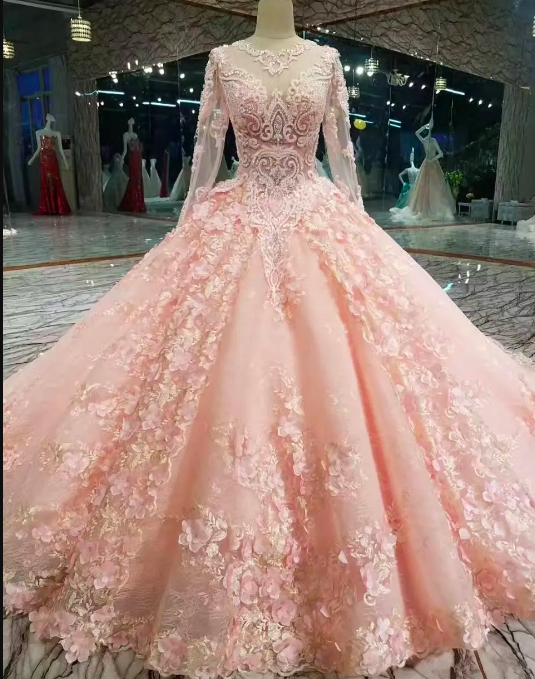 Luxury Pink Designer Ball Gown Prom Dresses Long Sleeves Lace Appliqued Beads Dress Evening Wear Plus Size Custom Made Formal Gowns