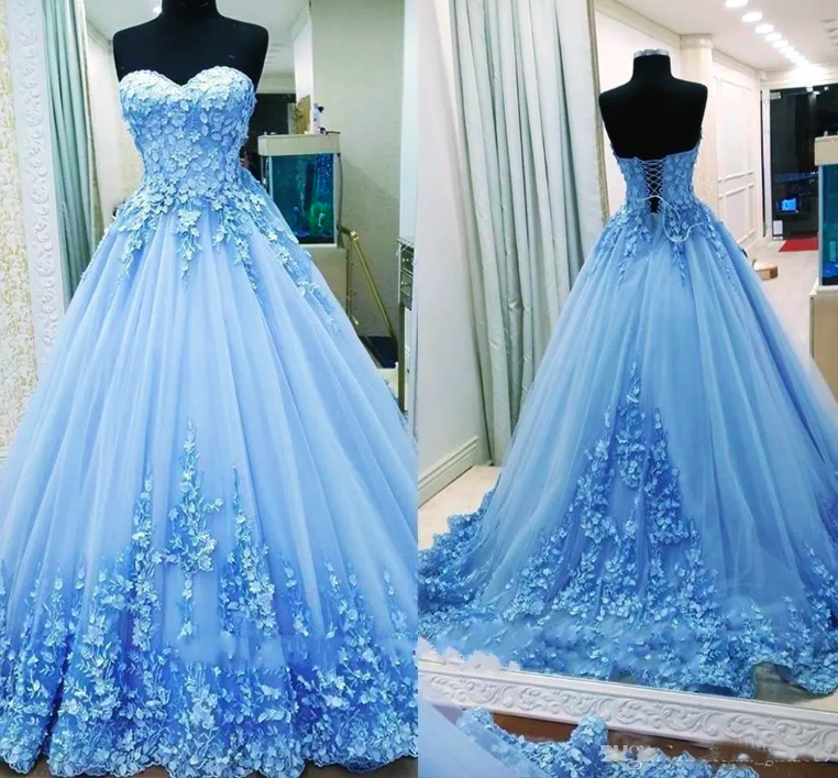 Gorgeous Blue 3d Floral Applique Prom Dresses Sweethert Neckline Lace Sweep Train Corset Back Guraduation Party Ball Gown Custom Made