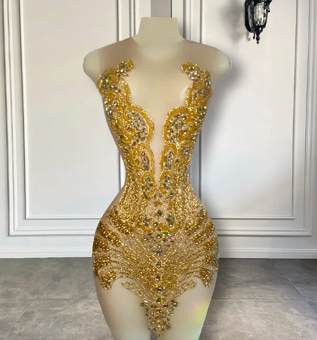 Sexy Sheer See Through Black Girl Short Prom Dress Golden Diamond Luxury Beaded Crystals Women Cocktail Party Gowns For Birthday