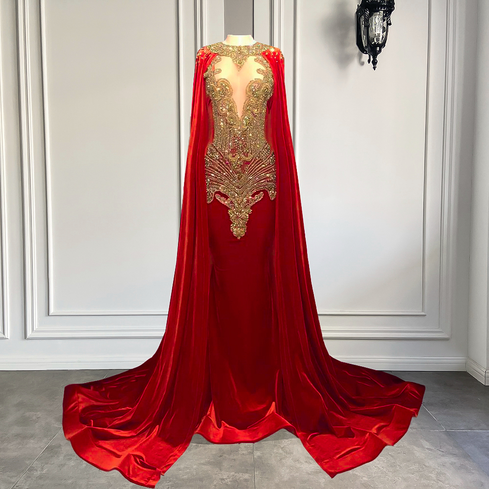 Long Elegant Prom Dresses 2023 Mermaid Style Luxury Gold Diamond Red Velvet Black Girl Prom Gala Gowns With Shawl