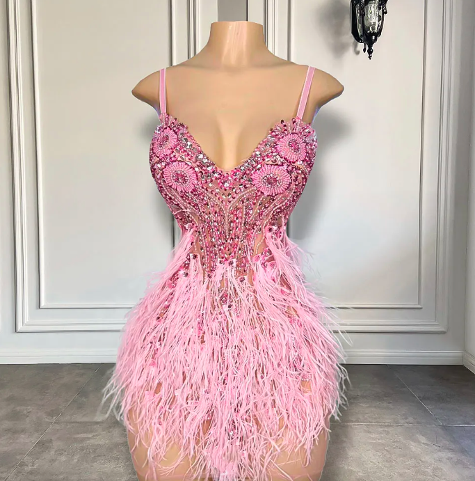 Cute Pink Diamond Crystals African Black Girls Short Prom Dresses 2023 Feather Mini Style Women Formal Birthday Party Gowns