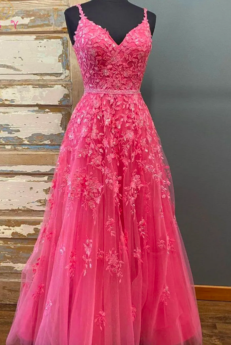 Long Beaded Prom Dress Floor Length Pink V Neck Spaghetti Strap Long Evening Gown Party Dress Special Occasion