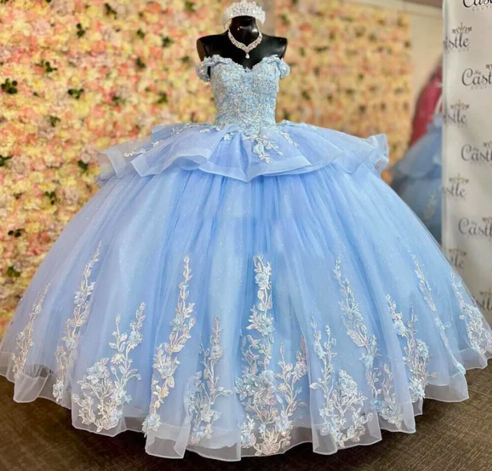 Luxury Blue Quinceanera Dresses 2023 With Lace Florals Beaded Para Xv Princess Quinceaneras Birthday Party Dress Robes De Vestidos 15 Anos Prom