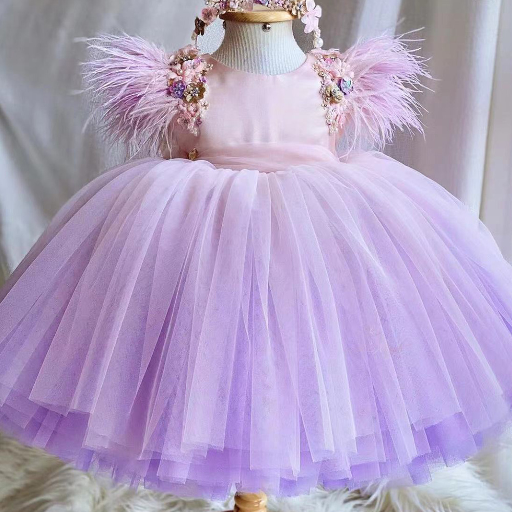 Flowr Girls Dresses, Purple Little Girls Party Dress, Sexy Girls Pageant Dresses, Feather Flower Girls Dresses, Sexy Little Girls Party Dresses,