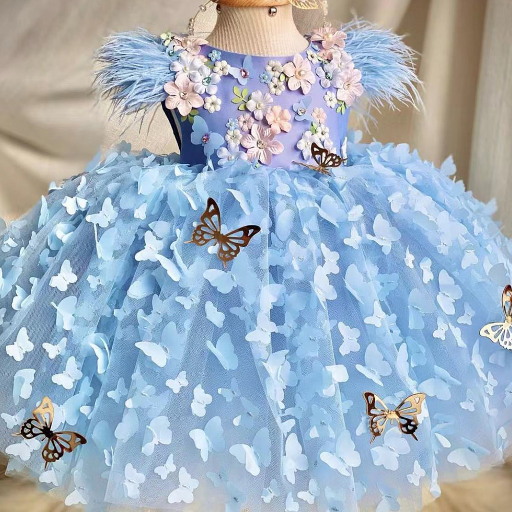 Blue Little Girls Pageant Dresses, 2024 Flower Girls Dresses, Feather Little Girls Party Dresses, Little Girls Party Dresses, Sexy Little