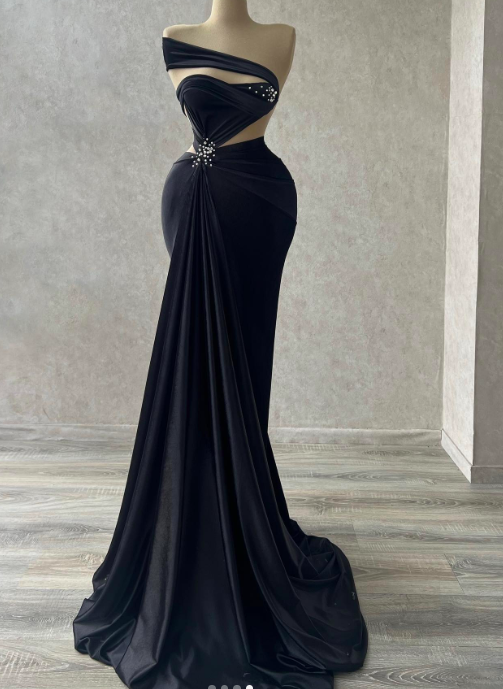 Black Prom Dresses One Shoulder Pleats Beading Evening Dresses 2023 Evening Gowns