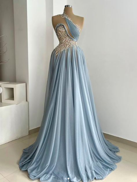 Chiffon Prom Dresses One Shoulder Chiffon Beading Sequins A Line Blue Evening Dresses Gowns Vestidos De Fiesta Beaded Evening Gowns