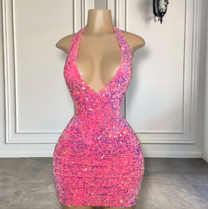 Simple V-neck Sleeveless Women Homecoming Birthday Party Gowns Low Back Pink Sequin African Black Girls Short Prom Dresses 2023