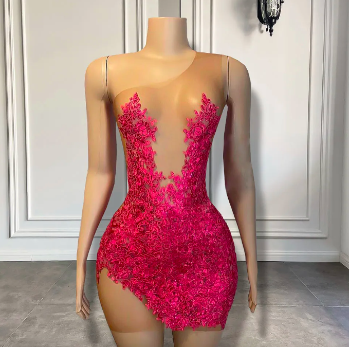 Sexy Sheer Mesh Women Cocktail Birthday Formal Gowns Pink Beaded Applique African Black Girls Short Prom Dresses 2023