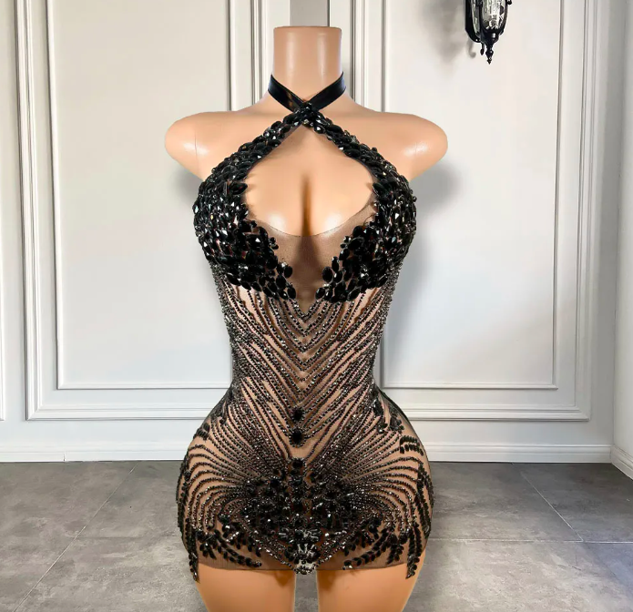 Luxury Black Diamond Women Birthday Party Formal Gowns Sexy See Through Black Girls Homecoming Short Prom Dresses 2023