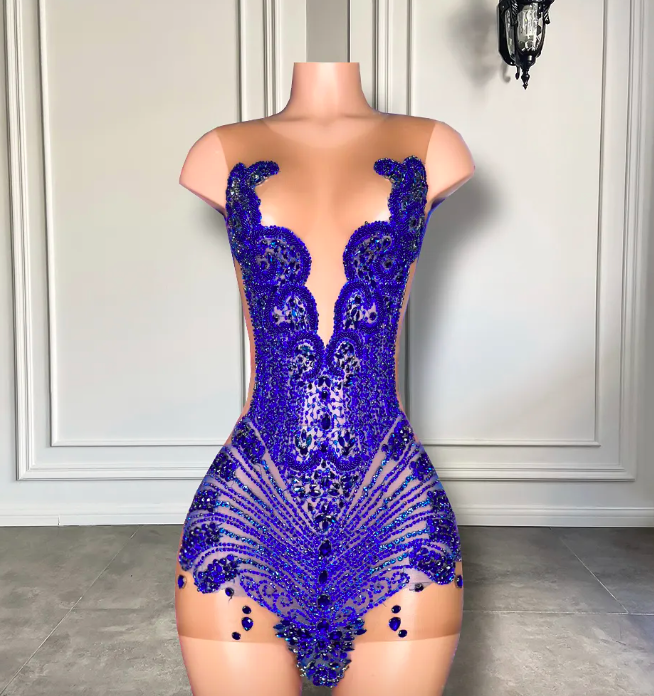 Sheer Sexy See Through Women Birthday Formal Gowns Royal Blue Sparkly Diamond Black Girls Short Prom Dress 2023