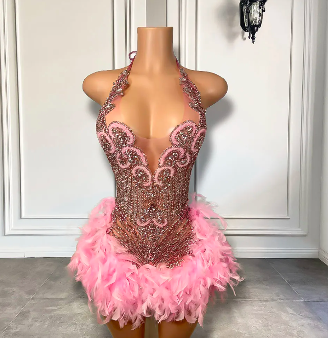 Sparkly Cute Sleeveless Women Birthday Party Formal Gowns Luxury Pink Diamond Feather Short Mini Prom Dress 2023 For Black Girls