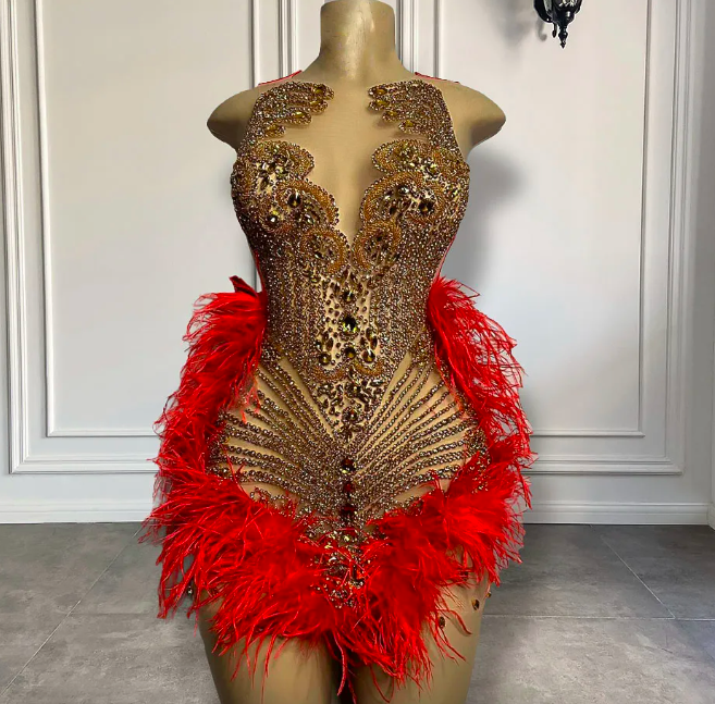 Sparkly Luxury Gold Diamond Women Birthday Party Formal Gowns Sexy See Through Red Feather Black Girls Short Prom Dresses 2023
