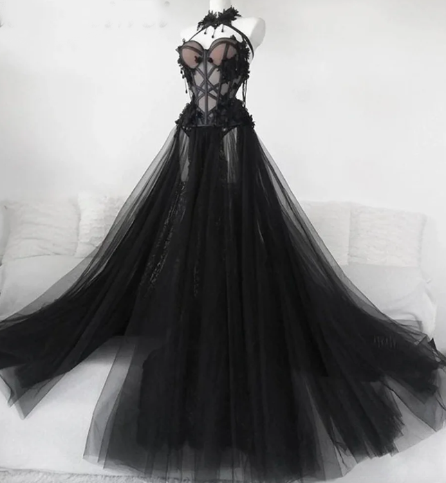Black Lace Coreset Wedding Dress Fairy Tulle Bridal Gown Dress Forest Wedding Dress Witchy Bridal Dress Gothic Wedding Gown