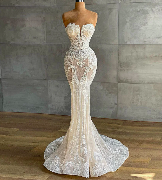 Mermaid Lace Ivory Wedding Gown 2022 Strapless Simple Wedding Dress Luxury Sleeveless Wedding Dresses For Bride Robe De Mariée