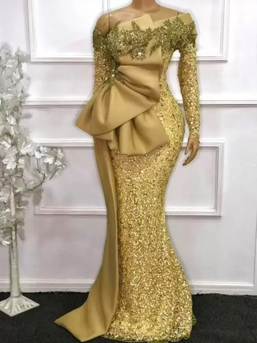 2023 African Lace Mermaid Evening Dresses Plus Size Glitter Gold Sequins  Long Sleeves Beaded Prom Pa on Luulla