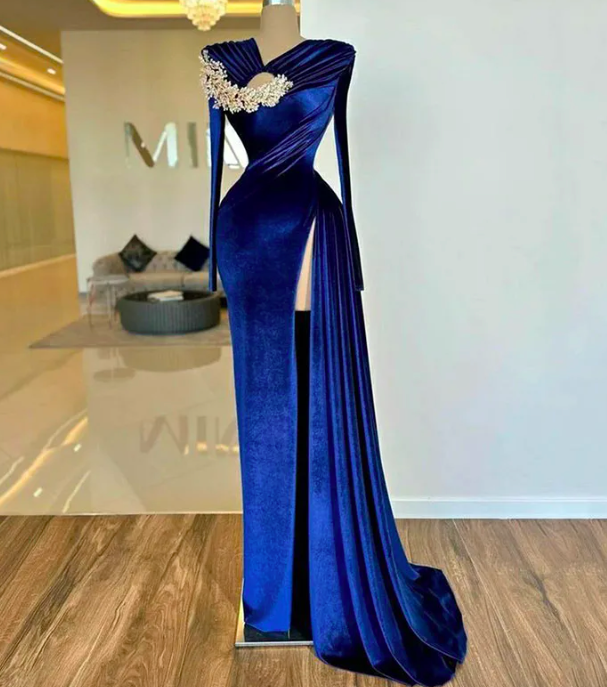 Sodigne Royal Blue Elegant Side Split Velvet Mermaid Evening Dresses Long Sleeves Lace Pears Beads Pleats Formal Prom Gowns