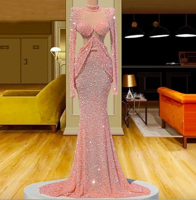 Dubai Pink Luxury Beads Evening Dress 2023 High Neck Long Sleeves Glitter Sequins Mermaid Prom Dresses Formal Birthday Gowns