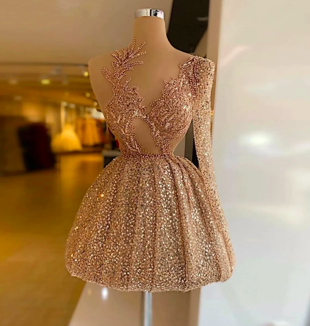 One Shoulder Champagne Prom Dresses For Women 2023 Fashion Short Party Dress Sequined Beaded Homecoming Gowns Abendkleider