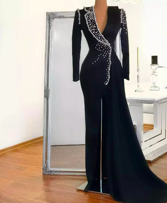 Luxury Pearls V Neck Sexy High Split Black Evening Dress 2023 Long Sleeves Custom Made Straight Prom Formal Party Plus Size Gown