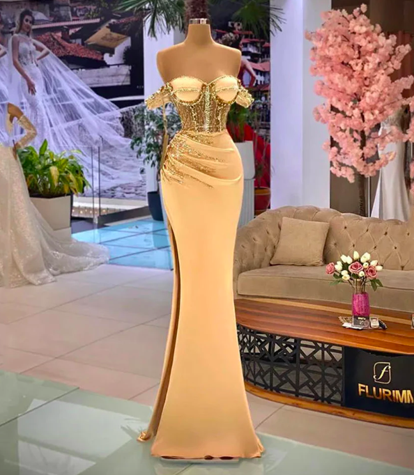 Beautiful Off Shoulder Sleeveless High Split Prom Gowns Sexy Luxury Satin Mermaid Backless Party Evening Dresses 2024 Autumn