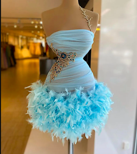 Real Cute Beaded Crystals Light Blue African Women Custom Made Party Cocktail Dresses 2024 With Feather