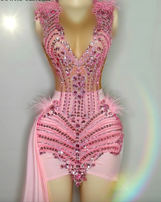 Sweety Pink Crystal Beaded Feathers Prom Dresses Black Girl Birthday Gown Formal Party Dress With Train Movie Outfit Robe De Bal