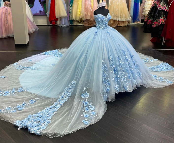 Light Sky Blue Long Quinceanera Dresses Ball Gown Birthday Party Dress Lace Up Graduation Gown Sweetheart Quinceanera De 15 Anos