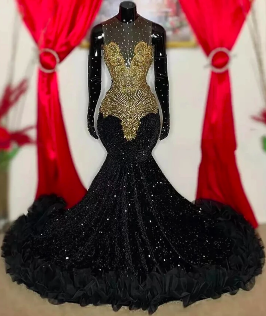 Black Velvet Sequin Gold Rainstones Prom Dresses 2024 With Gloves African Wedding Evening Dress See Thru Cocktail Party Dresses